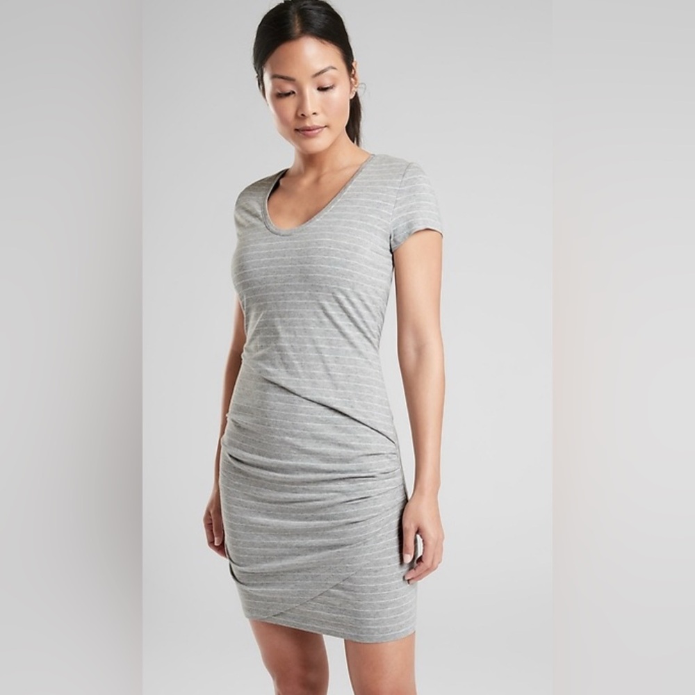 Athleta Central Stripe Dress grey white size large